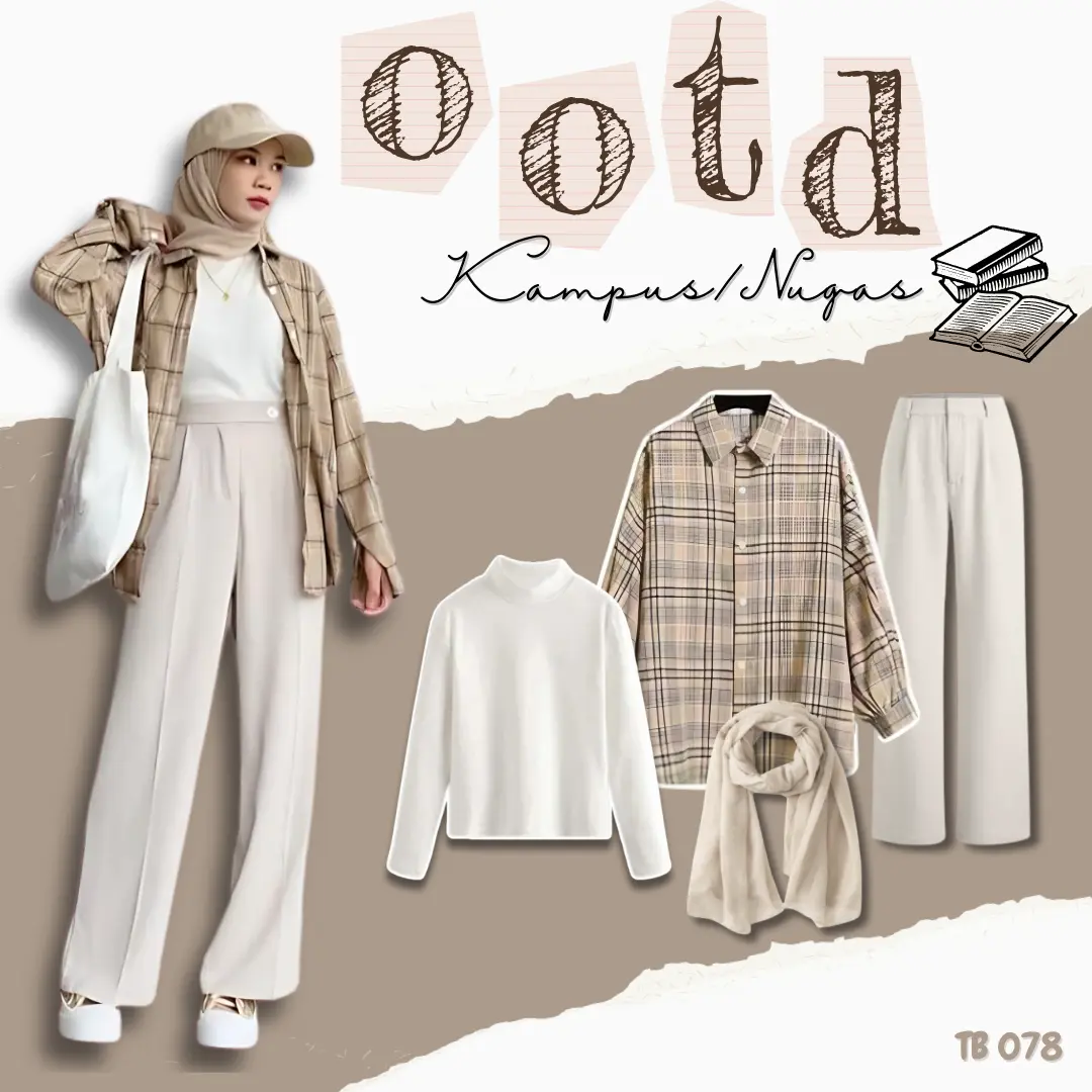 Setelan baju Wanita OOTD Kampus/Nugas Kekinian 4 In 1 (Kemeja Kotak-kotak, Inner Manset, Celana Ivory, dan Hijab) TB 078