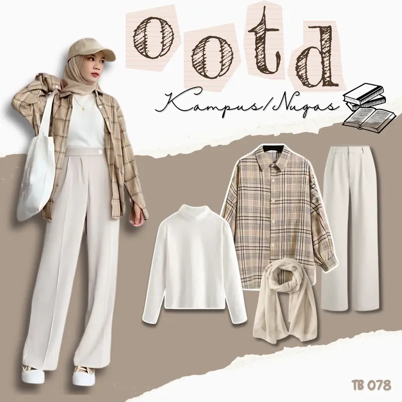 Setelan baju Wanita OOTD Kampus/Nugas Kekinian 4 In 1 (Kemeja Kotak-kotak, Inner Manset, Celana Ivory, dan Hijab) TB 078 0