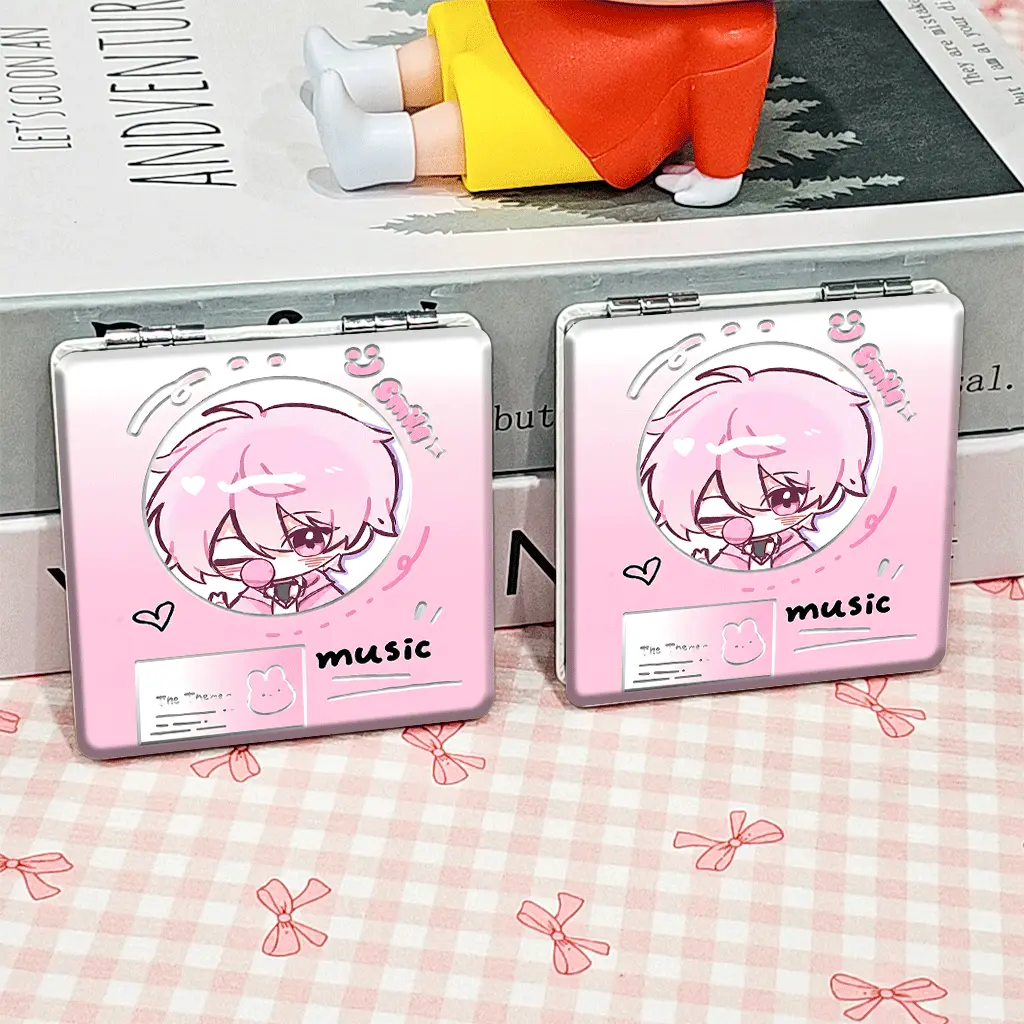 Portable Foldable Makeup Mirror, Anime CharacterPink ThemeMusic Pattern, Mini Hand Cosmetic Mirror, Student Pocket Mirror, Trendy Compact Mirror, Cute, Double Sided Mirror, Non-Slip Handheld