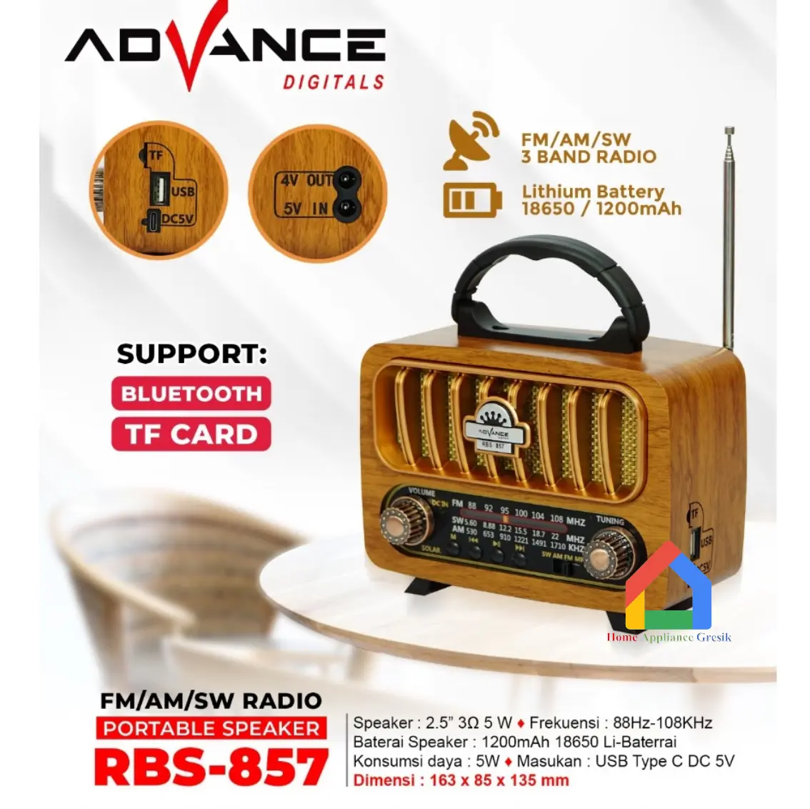 Advance RBS 857 Radio Antik Portable Speaker Support Bluetooth 2,5 Inch / Advance RBS857