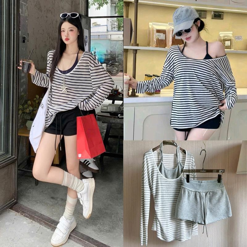 Set Bộ 3 Món Áo Cổ Trễ Chất Giấy Gạo Mỏng Nhẹ & Áo 2 Dây Mix Quần Short UMI Cạp Chun Có Dây Rút Phong Cách Đơn Giản Dễ Mặc Cho Phái Nữ