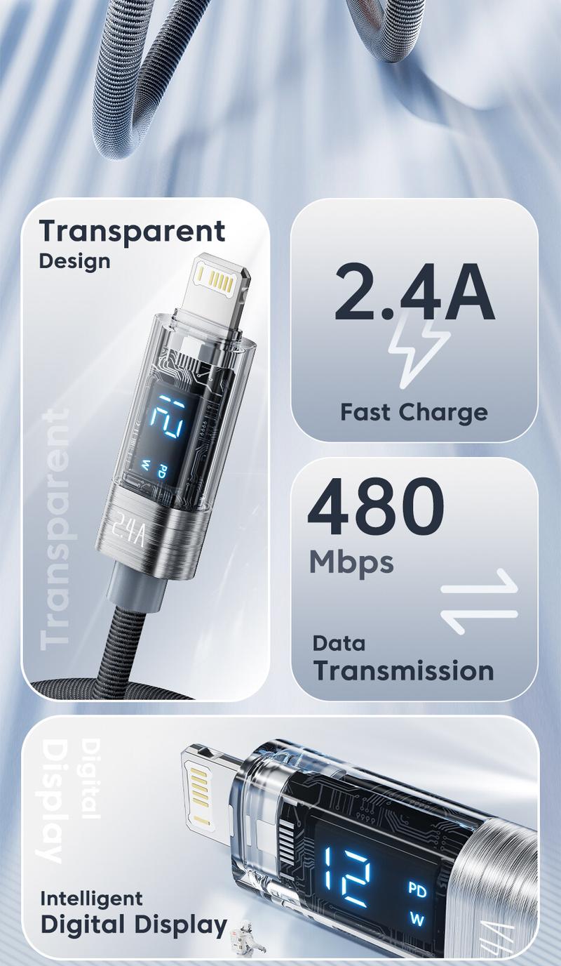 Product Introduction of Toocki 2.4A Transparency Series USB-A To Lightning Fast Charging Cable 100cm/200cm Lightning Cable for IPhone 14 13 Pro Max 12 Pro Max 9