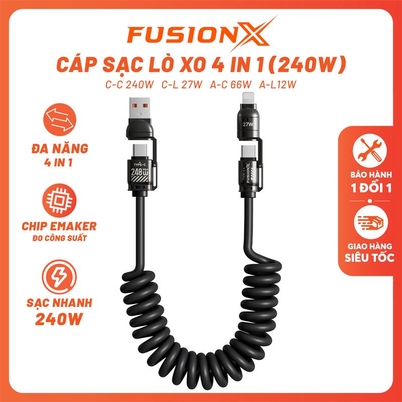 Cáp Sạc Lò Xo 4 in 1 240W - Sạc Nhanh 4 Đầu Cáp C-C, C-L, USB, Chiều Dài Tối Đa 2M | FUSIONX 240W