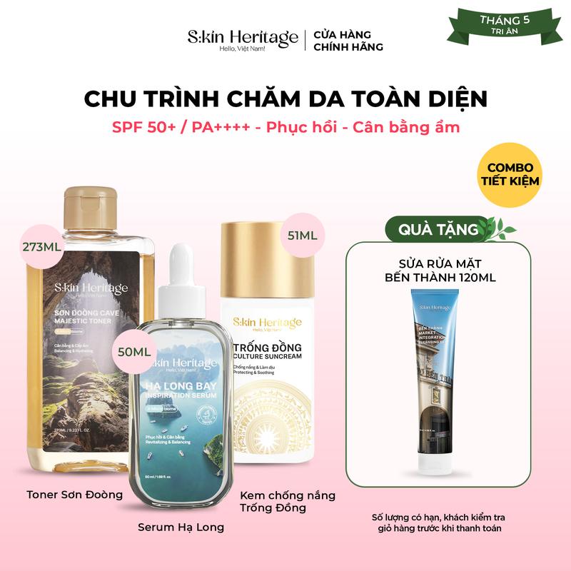  Chu Trình Chăm Sóc Da Toàn Diện SKIN HERITAGE Toner Sơn Đòng 273ml x Serum Hạ Long 50ml x Kem chống nắng Trống Đồng 51ml   Tặng 1 Sữa Rửa Mặt Bến Thành 120ml   