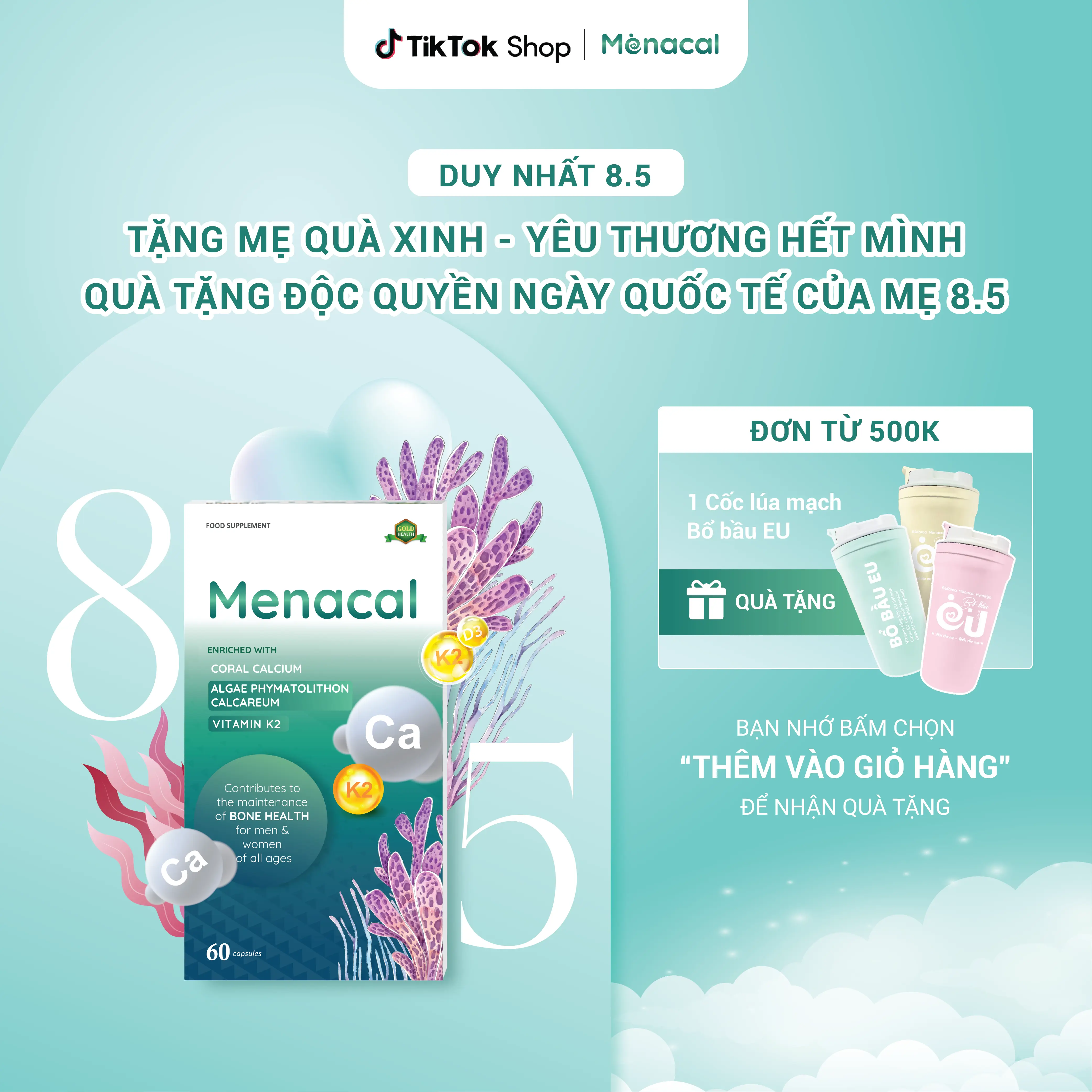Canxi EU tảo biển Menacal - bổ sung canxi D3K2 cho người lớn 1 hộp 60 viên
