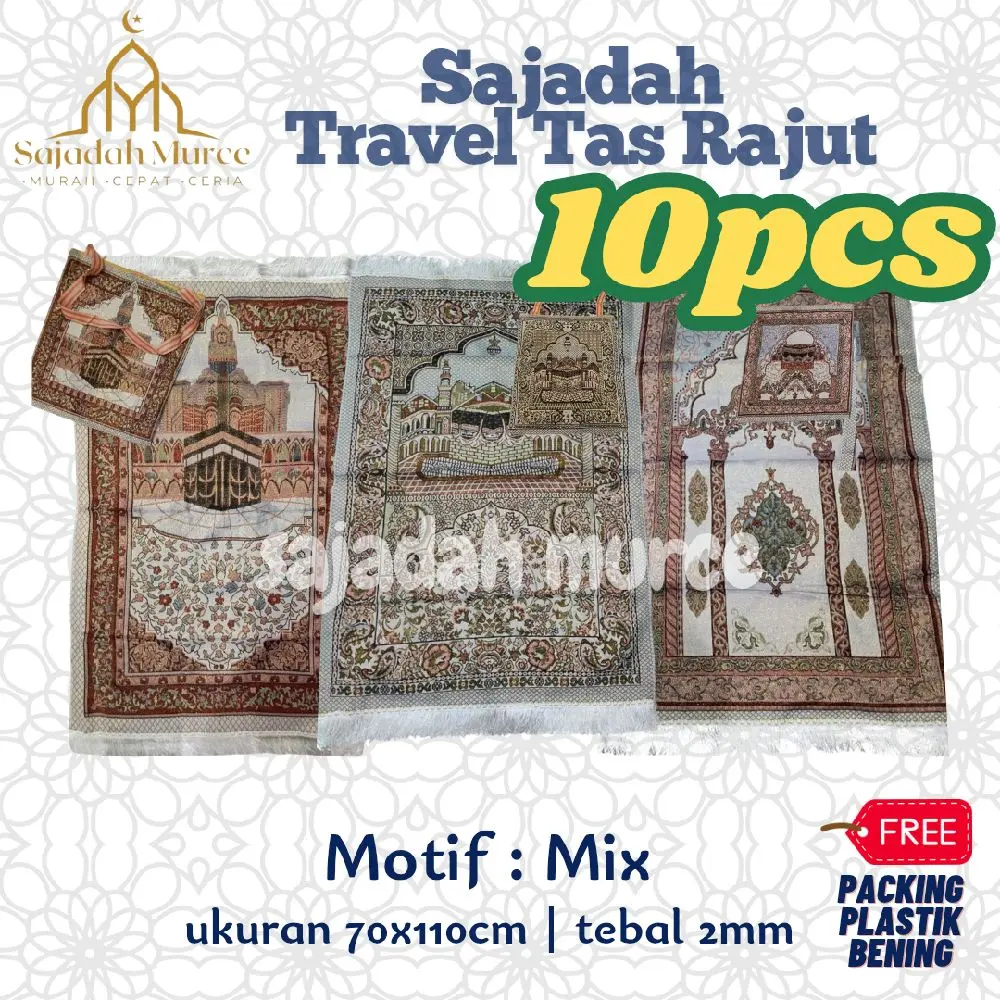 10pcs Sajadah Travel Tas Tambang 2in1 Turki Ukuran 70x110 cm Halus dan Ringan