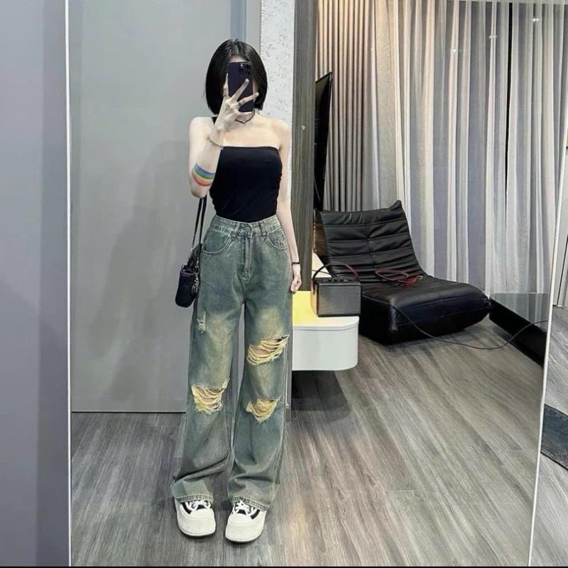 (S-XL) Sunstyle Quần beggy jean nữ quần suông ống rộng  rách kiểu cạp đính khuy jean tôn dáng kiểu dáng thời trang 2024 CV 54  Women Pants Denim Lưng Cao Ong Tim Kem highrise lowrise