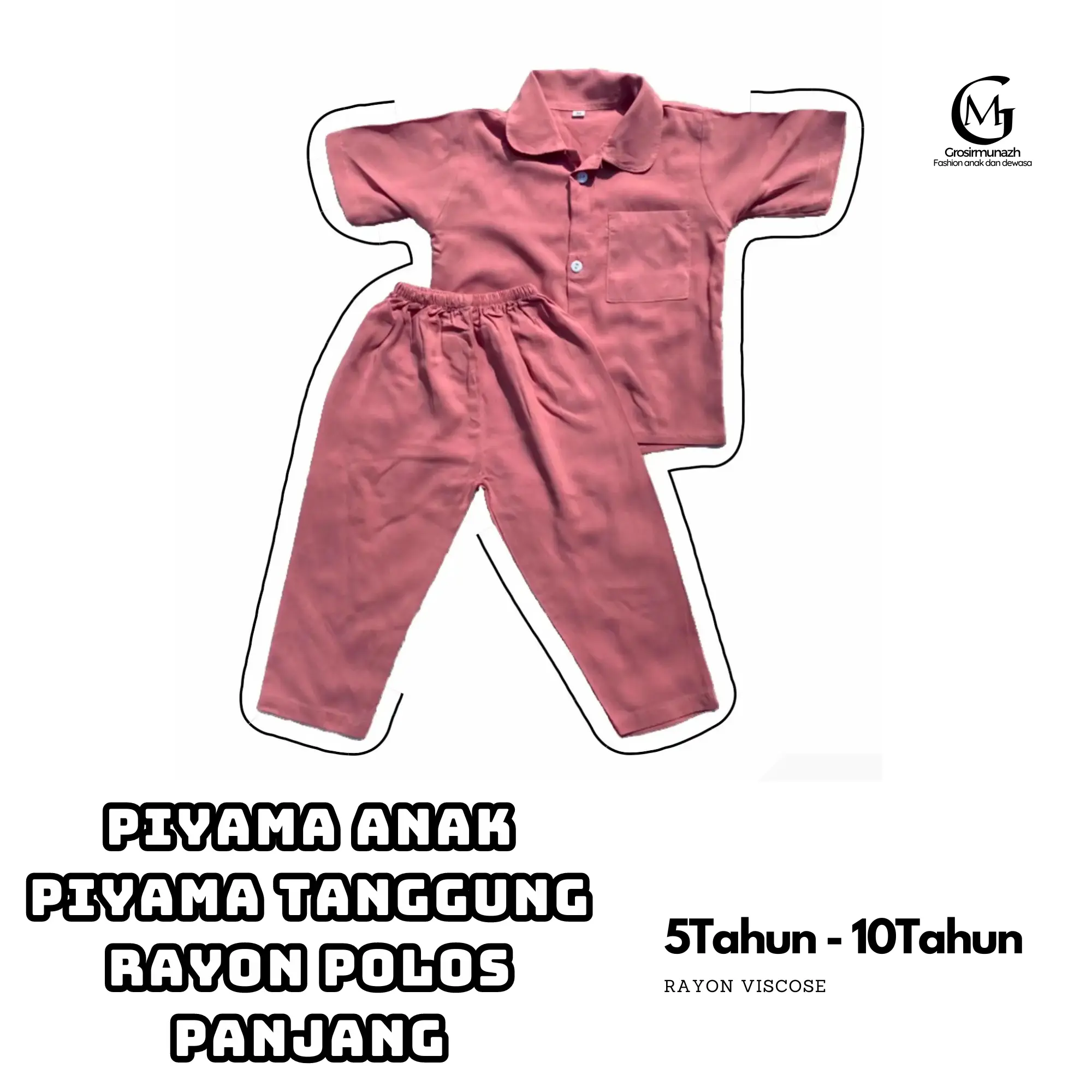 GM - (Unisex) Setalan Baju Tidur anak laki laki dan anak perempuan setelan piyama rayon polos anak tanggung lengan pendek celana panjang full kancing usia 5 tahun sampai 10 tahun Fashion anak