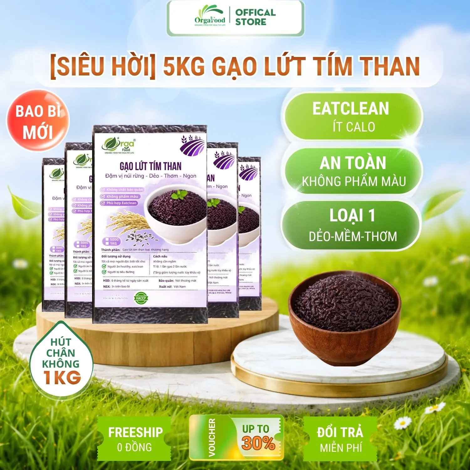 [COMBO TIẾT KIỆM] 5kg Gạo lứt Tím Than Orgafood /Đen dẻo Điện Biên không cần ngâm, gạo lức tím than EAT CLEAN , ăn thực dưỡng, healthy