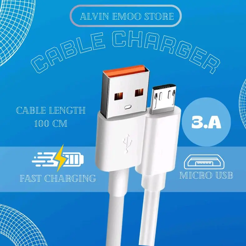 Kabel Data Micro USB 3.A Fast Charging Warna Putih Panjang 1 meter Cable 0
