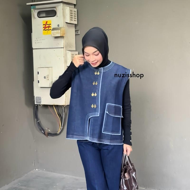 NUZI - Haein Vest Jeans Premium Kemeja Rompi Outer Wanita Atasan Oversized Woman Import Korean Style Shirt Stripe Sleveless 0