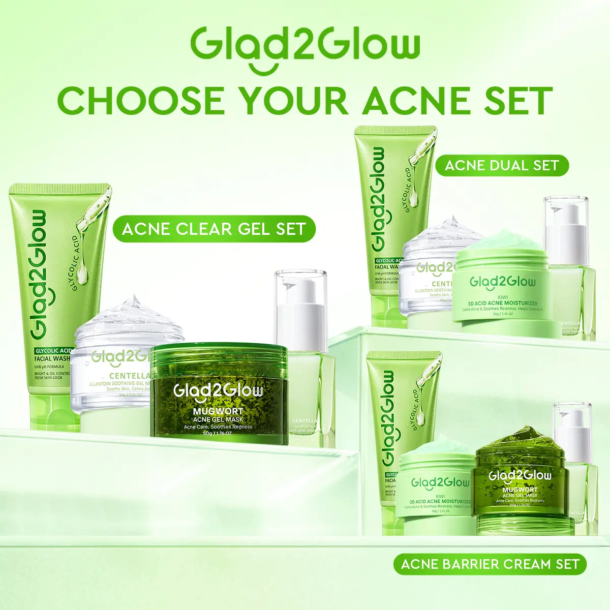 【ACNE SET】Glad2Glow ACNE CALMING 4in1 BUNDLE-MUGWORT ACNE GEL MASK + CENTELLA SOOTHING GEL +POWER ACNE SERUM+GEL MOISTURIZER /Kiwi Moist / Drying lotion-Menenangkan Jerawat Mengontrol Minyak Merawat Kemerahan Melembapkan Kulit Wajah Skincare