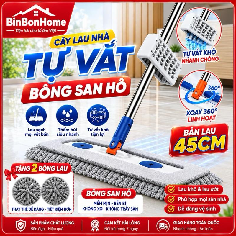 (1 Chổi + 2 Bông Lau) Cây Lau Nhà San Hô BinBonHome 45x12CM Xoay 360 Độ Tặng Kèm 2 Miếng Lau San Hô (Không Kèm Xô)-BinBonHome