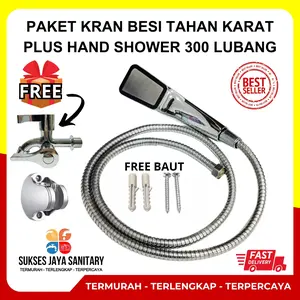 FLASH SALE 4 IN 1 Paket Kran Besi Tahan Karat Plus Hand Shower 300 lubang komplit Air Keran Selang penghemat air shower perlengkapan mandi jet  showers