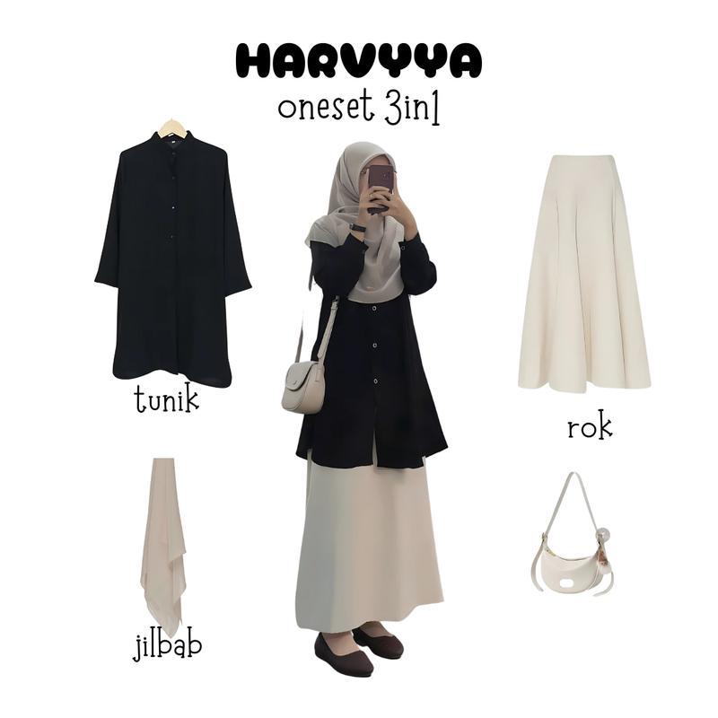 oneset 3in1 tunik hitam rok payung vanilla jilbab bella | perempuan wanita cewek ootd hijab casual hangout pantai piknik kuliah bukber lebaran korean style HK72 MURAH 1