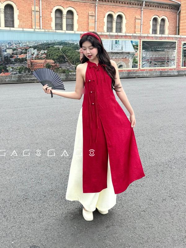 SET Áo Dài Yếm GAGO Brand Chơi Trung Thu Vải Đũi Vân May Mới Nhất, Hot, Nữ Tính Áo Dài Cách Tân Women Đỏ Chụp Hình Ngày Phụ Nữ Việt Nam