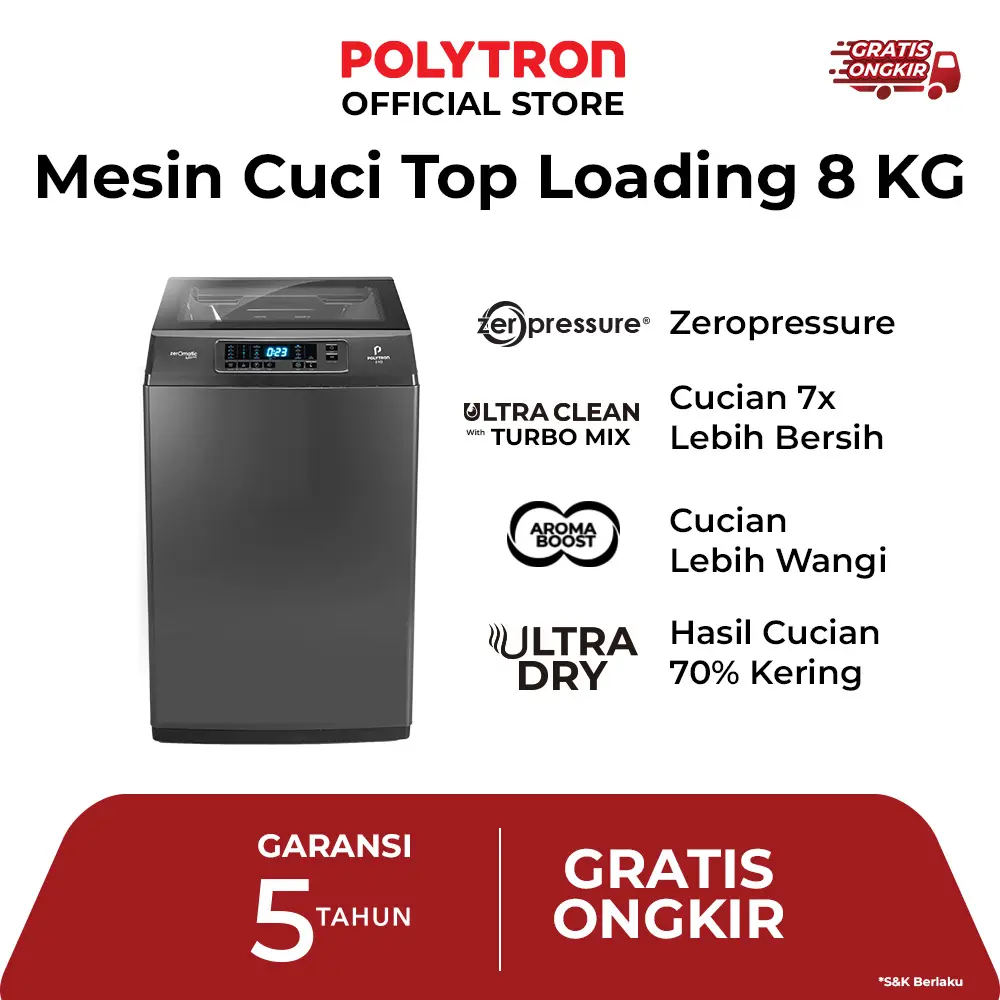 POLYTRON Mesin Cuci 1 Tabung Zeromatic Laguna Hijab 8 KG PAW 8028Y