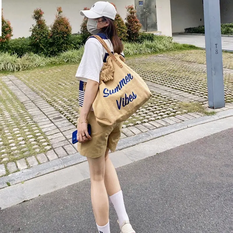 Tote Bag Tas Korea Rajut Besar Pantai Tas Wanita Solid Casual Bag Tas Kasual Casual Tas Pantai Tas Jinjing Perjalanan Besar Tas Berpohon Tas Ibu Tas Bahu Kampala Bags Cewek Totebag 8