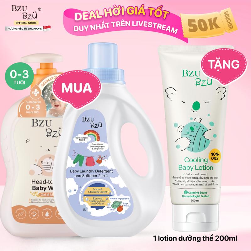 Combo Sữa Tắm Gội Toàn Thân Em Bé BZU BZU 600ml Và Nước Giặt Xả Dịu Nhẹ Cho Da Bé 1L