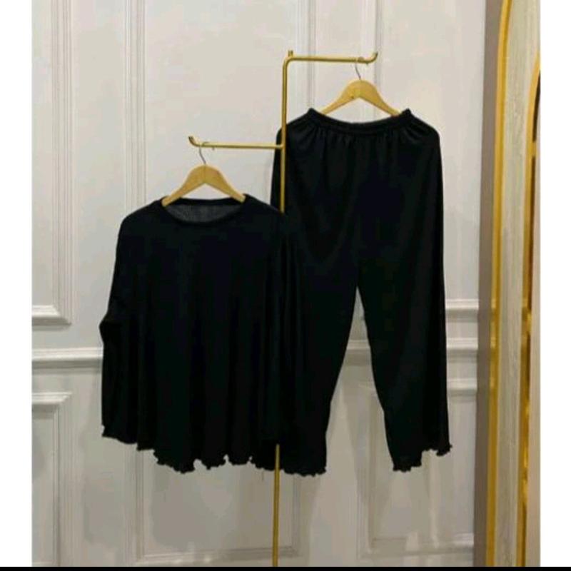 Setelan Rib Knit Wanita Lengan 7/8 Celana Panjang Baju Atasan Polos Formal Dewasa Nyaman 2