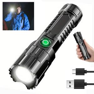USB充電式懐中電灯、LEDハンドヘルドアウトドア緊急ライト、テレスコピックズーム付き、キャンプ・ハイキング・探検・日常使用に最適なポータブルミニLED電灯、3モード対応