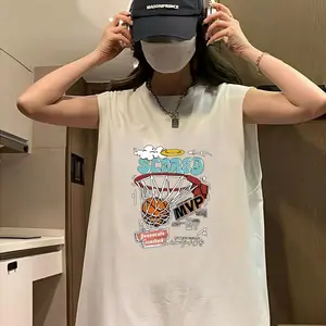 Rompi longgar tanpa lengan bergaya Amerika warna hitam putih untuk latihan kebugaran pria, atasan pria kasual dan serbaguna untuk sehari-hari, kaos pria.