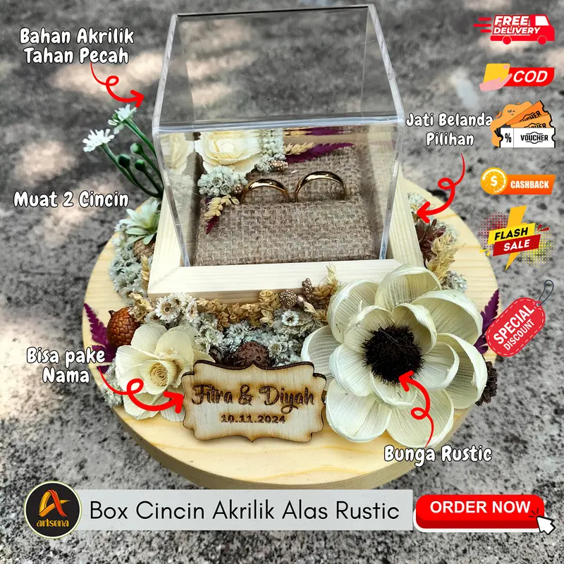 Kotak Cincin Mini Pernikahan Model Segi-6 Desain Rustic Custom Nama Mempelai dan Tanggal 5