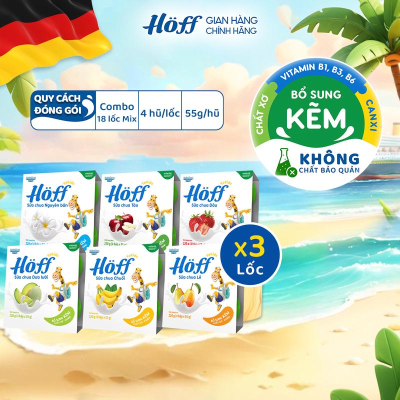 Combo 18 Lốc sữa chua ăn dặm cho bé MIX 6 vị Hoff bổ sung dinh dưỡng canxi kẽm vitamin B1 B2 B3 B6 chất xơ, Men vi sinh hỗ trợ hệ tiêu hóa (72 hộp x 55g)