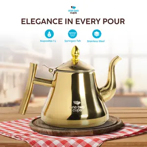 One Two Cups Teko Air Panas Teh Stainless Steel 1L dengan Saringan Teh Elegan Kapasitas 1L dan Desain Mewah untuk Kebutuhan Kopi dan Teh