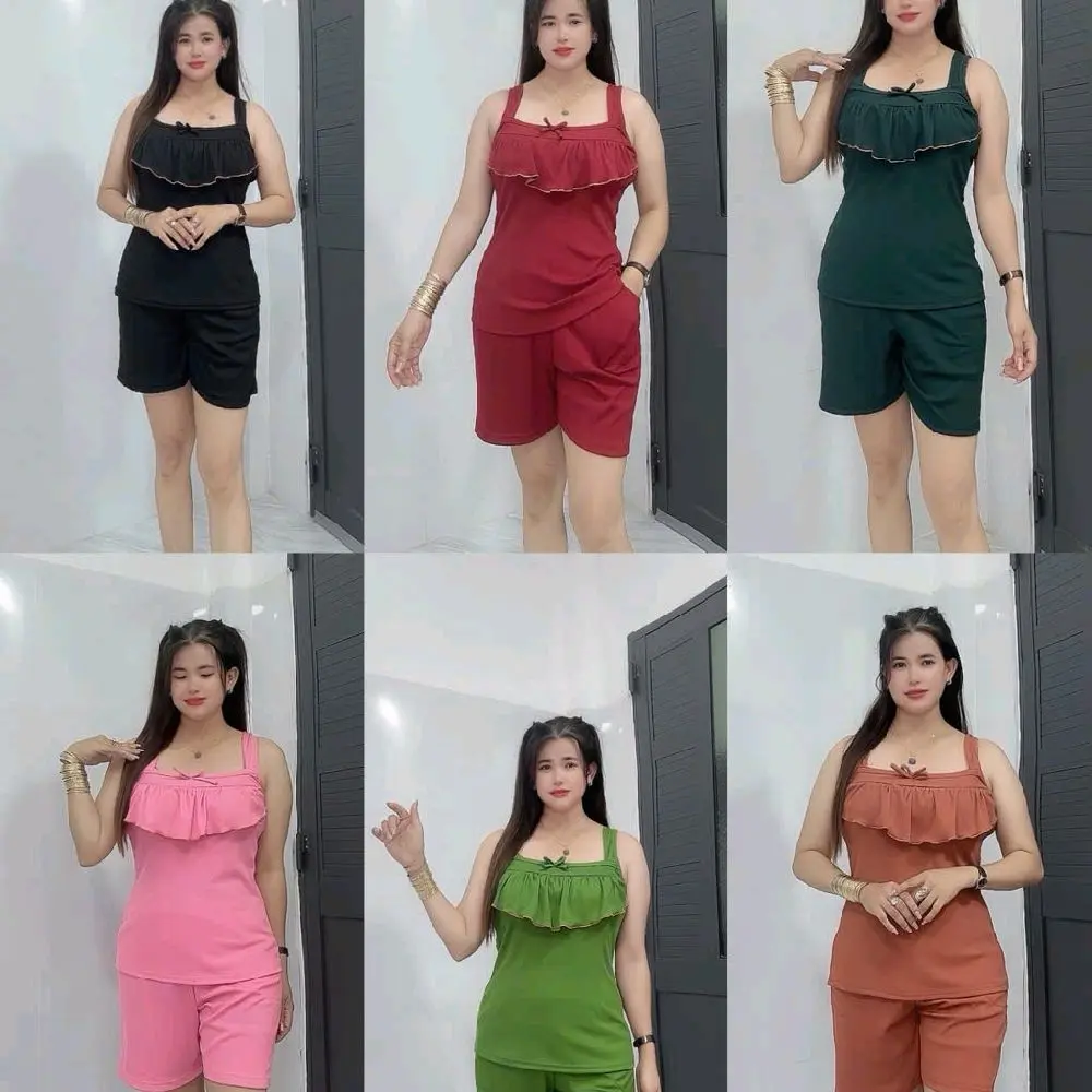 sét bộ quần đùi ngủ .thun gân vải co giãn 4 chiều Đồ bộ nữ .đồ bộ tâm đan Thun Nhung Áo Women Top Polo