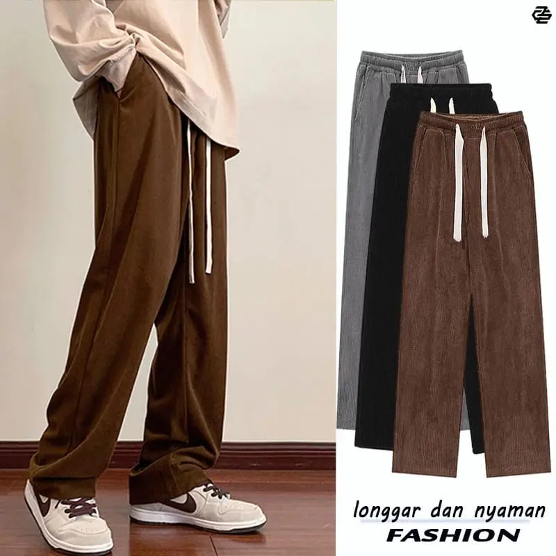 Celana Corduroy Longgar Pria dan Wanita - Bahan Berkualitas Tinggi - Hitam Abu Mocca Cream Navy Caramel Panjang