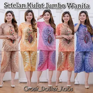 SETELAN BAJU WANITA KULOT UKURAN JUMBO MOTIF ABSTRAK Model Celana Pendek Lengan Pendek Kaos Nyaman Dewasa MAX BB 75 KG  Katun Keren