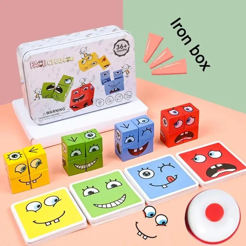 Blok Bangunan, Kiub Perubahan Wajah, Permainan Papan, Teka-teki Kayu, Ekspresi Montessori, Blok Kayu, Sesuai untuk Kanak-kanak, Hadiah Hebat, Mainan Teka-teki Muka Kanak-kanak