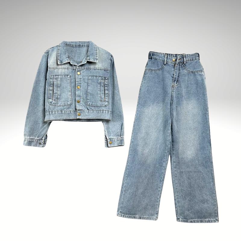 Sét Jeans B100 Áo cổ Đức Khuy Bấm quần Suông Dài Chất Jeans Mềm Thời Trang Bộ Nữ Khói và Xanh.