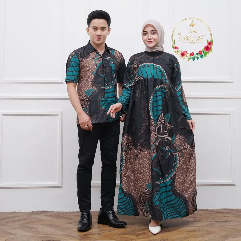 Harga sepasang Baju Pria Wanita Cuople Batik Kekinian 1 Paket Kemeja dan Gamis Sarimbit Polyester Super Premium Modern Pakaian Setelan Kondangan Pesta Muslim Pasangan 7