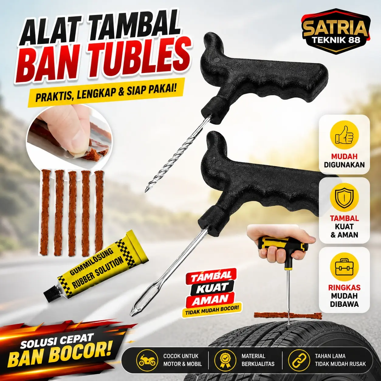 ALAT TAMBAL BAN TUBLES EMERGENCY TAMBAL BAN BOCOR BAN KEMPES Car Kendaraan Tire