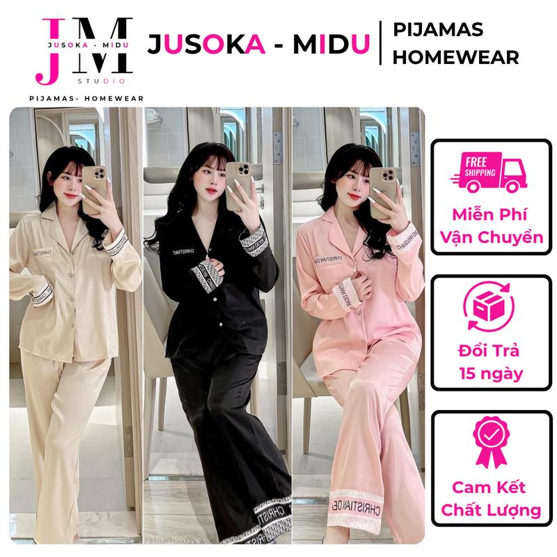 Bộ ngủ Pijama nữ viền chữ lụa gấm xước ánh kim tay dài quần dài JUSOKA DD48