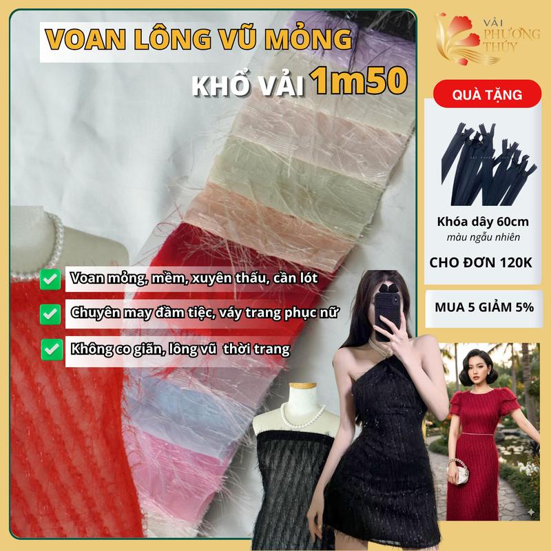  Vải voan lông vũ Phượng Thúy khổ ngang 1m50 chất mỏng cần lót không giãn chuyên may đầm váy đa dạng màu sắc Voi Bàn Tay 