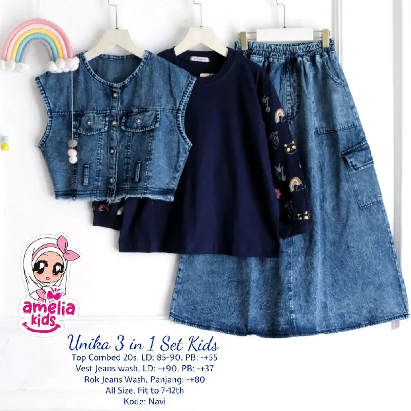 Aliya 3 in 1 Kids Baju Anak Amelia Kids Baju Anak Usia 7-12 Tahun Setelan Rok Jeans Anak Model Terbaru BAJU ANAK VIRAL BAJU ANAK KEKINIAN AMELIA KIDS 7