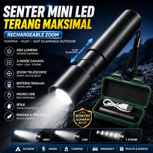 Senter LED Mini Rechargeable XPE 450 Lumens Telescopic Zoom 3 Mode High Low Strobo Baterai 500mAh Micro USB Aluminium IPX4 Portable Outdoor