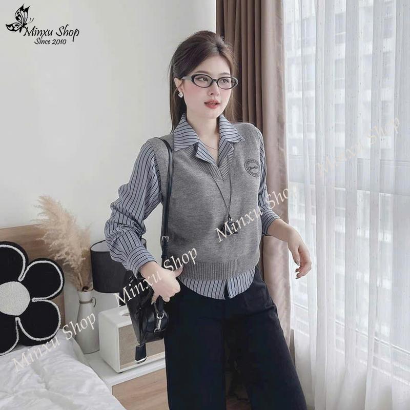 Set 2 món Set Áo Len Gile Kèm Áo Sơ Mi Kẻ Thêu Chữ Hàng QC Minxu Shop TA79