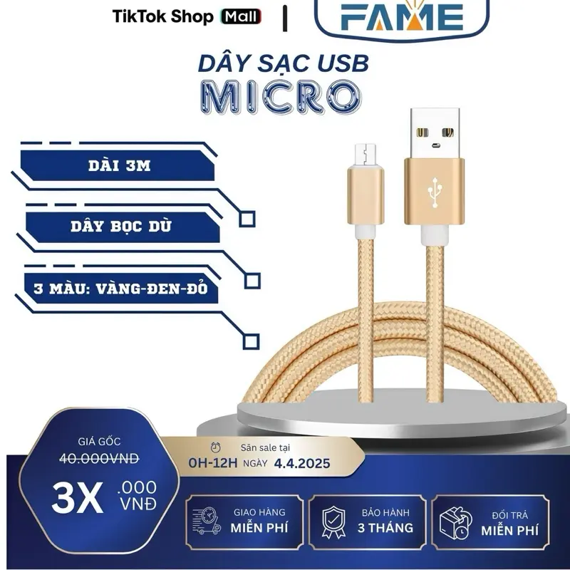Cáp sạc S.sung Micro dây dù (dài 3M), Cáp sạc điện thoại USB-Micro cho điện thoại, loa đài, thiết bị, dụng cụ, phụ kiện điện tử