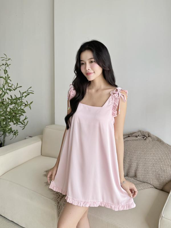 BX05 Váy Ngủ Lụa Braxinh Cao Cấp Dáng A Form Rộng Thắt Nơ Xinh Xắn