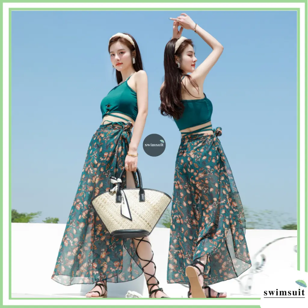 Swimsuit Baju Renang Wanita Three Piece dengan Rok Motif Tali Bisa Di Adjust Import Premium 9018