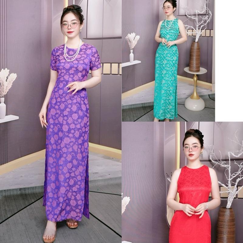  Đầm gấm cổ yếm và có tay Tết siêu mềm mại hách dáng sang chảnh cho nữ 