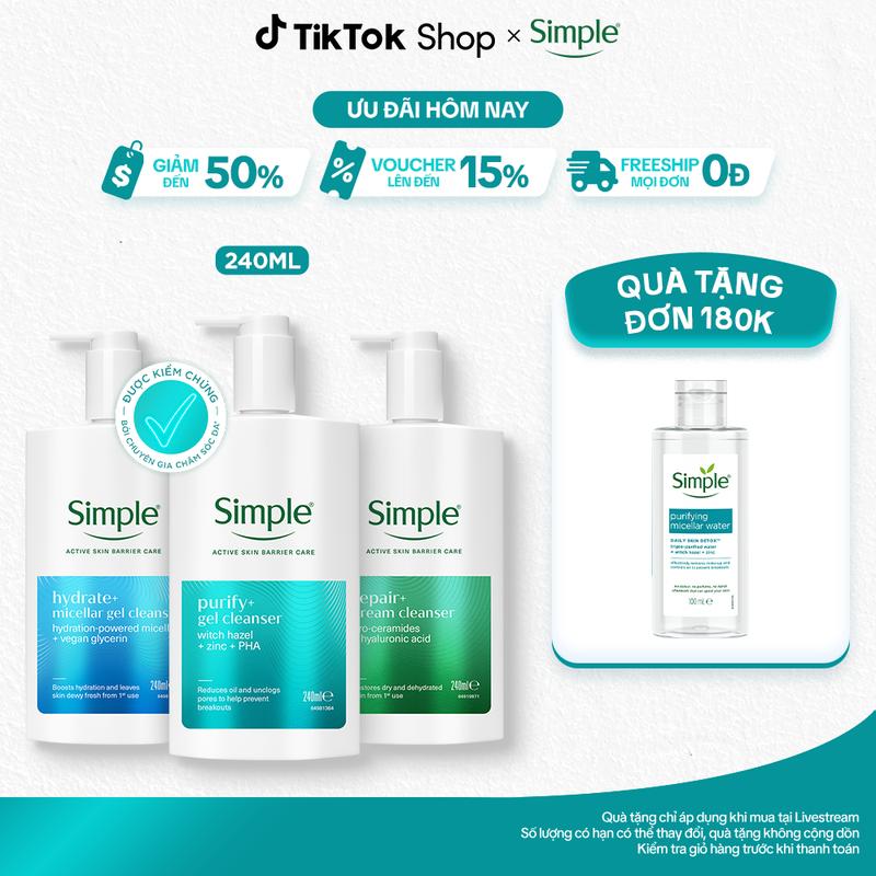 [1] [MỚI] Sữa Rửa Mặt Simple Purify+ 240ml Giảm Mụn Sau 7 Ngày, Repair+240ml phục hồi làn da. Hydrate+ 240ml Giúp Da Trông Căng Mướt Sau Lần Đầu Sử Dụng