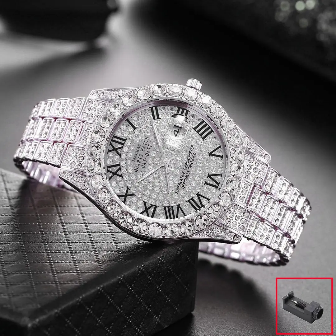 Đồng Hồ Thạch Anh Nam, Mặt Kim Cương Đầy Đủ, Chữ Số La Mã, Dây Thép, Đồng Hồ Nam Có Lịch, Thiết Kế Bầu Trời Đầy Sao, Đồng Hồ Nam, [Thanh Toán Khi Nhận Hàng] Tặng Bộ Điều Chỉnh, [COD]