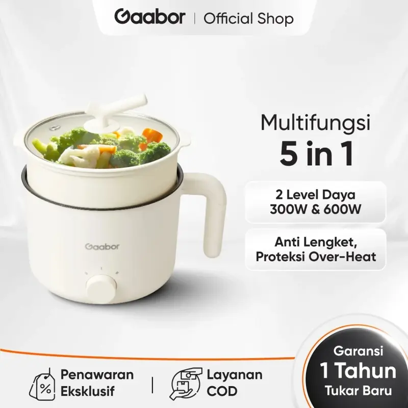 GAABOR Panci Listrik Low Watt Serbaguna Electric Cooker Anti Lengket Kapasitas 1.5L Kukusan Steamer / GR-N15A