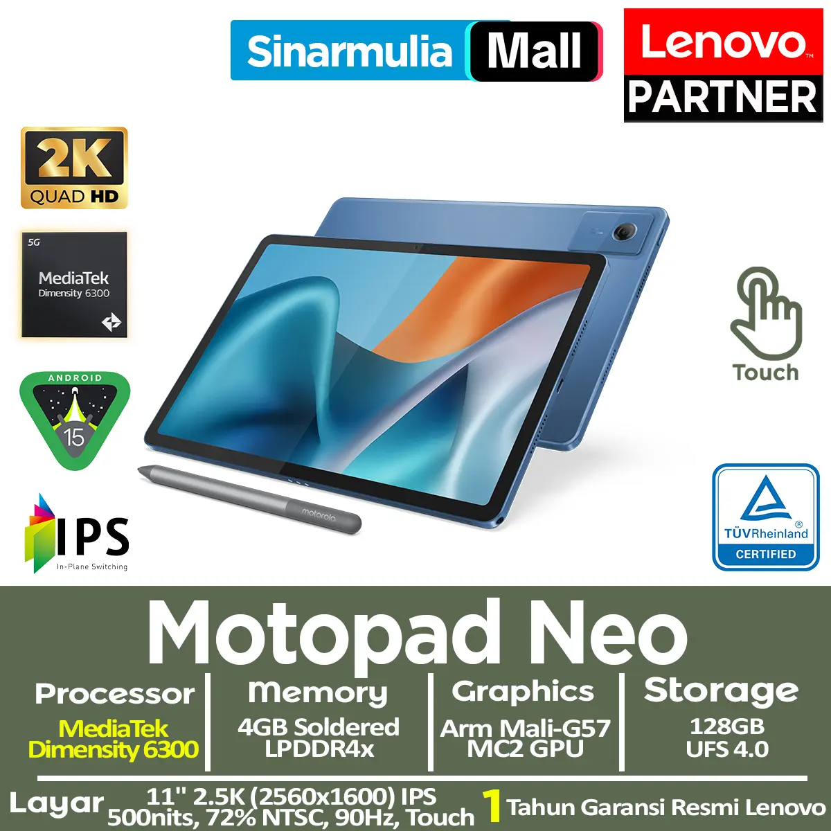 Motorola Moto Pad 60 NEO - 4GB/128GB - MediaTek D6300 - 11 inch - 2.5K Ultra Clear 90Hz - with Dolby Atmos - 7040mAh