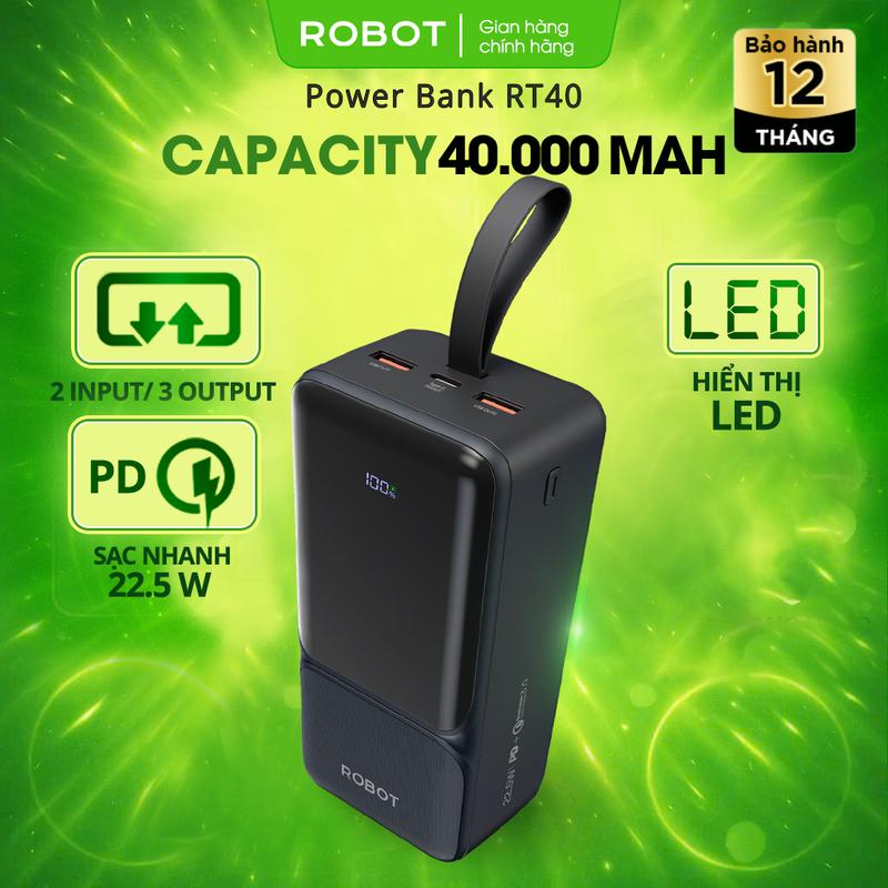  Pin Sạc Dự Phòng Dung Lượng Cực Lớn 40.000mAh ROBOT RT40 Sạc Nhanh Công Suất 22.5W 3 Cổng Sạc Ra Có Màn Hình Led | Bảo Hành 1 Năm 